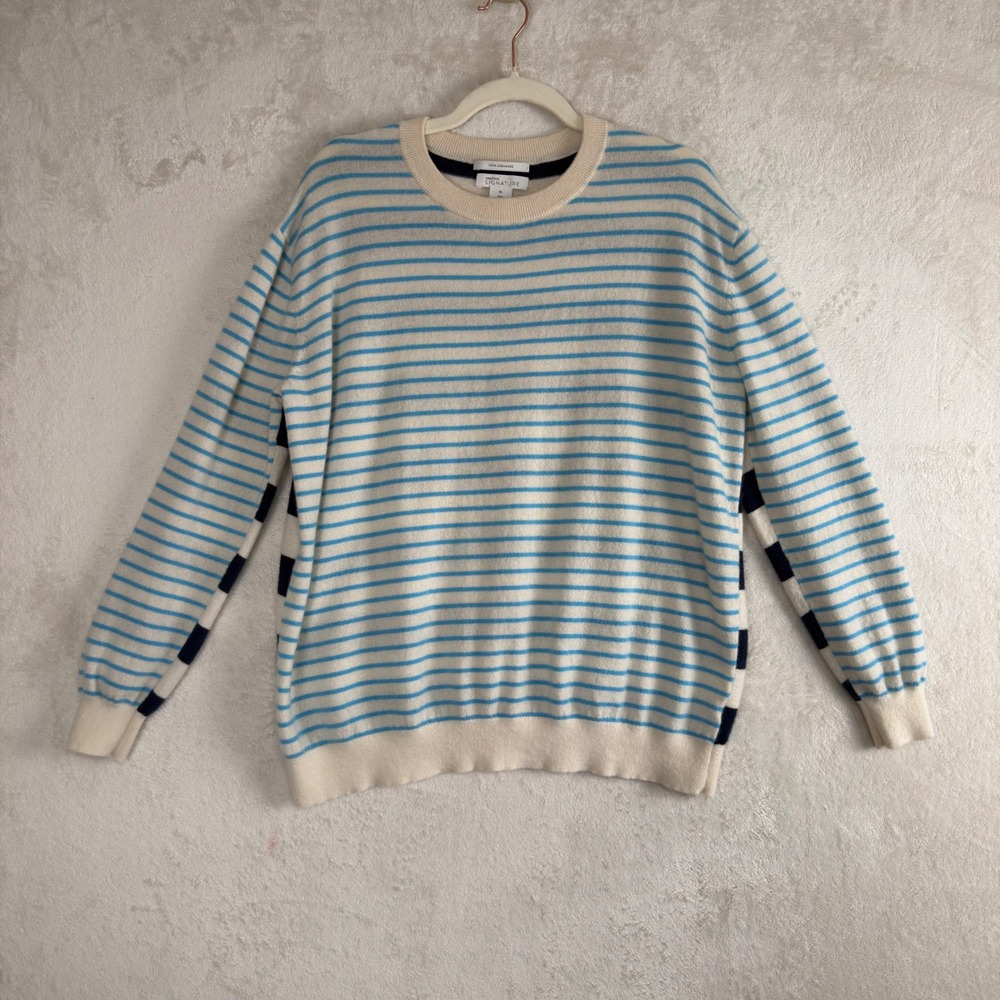 Nordstrom Signature 100% Cashmere Striped Crewneck Sweater Blue White XL Luxury